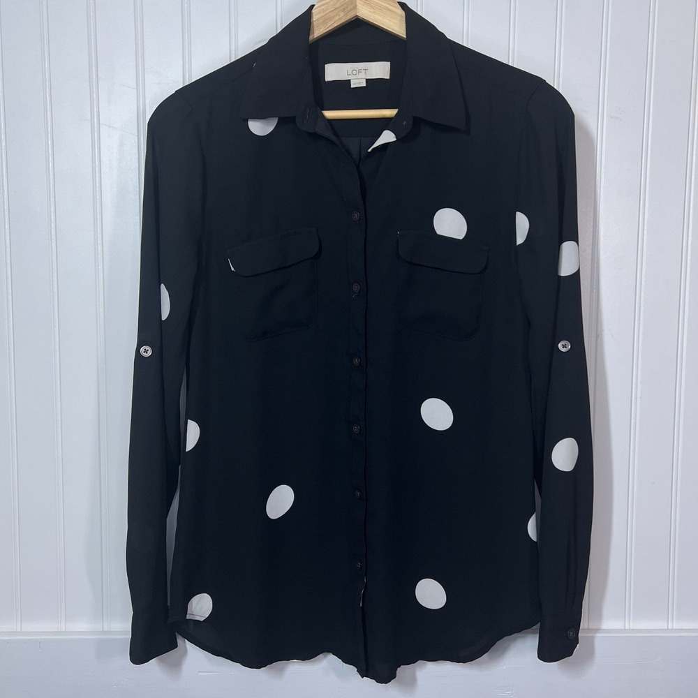 LOFT Blouse Black Minimalist Twee Polka Dot Button Up Top Career Business Work